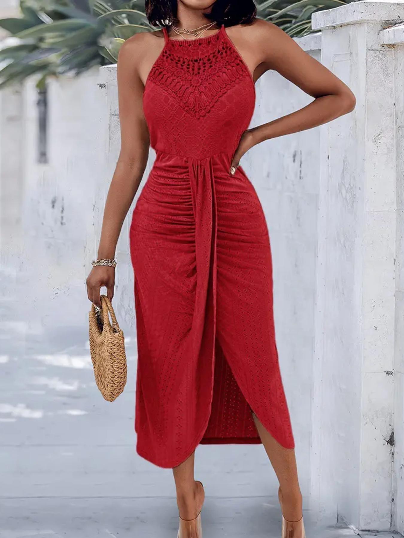 Women's Plain Ruched Bodycon Side Slit Cami Dress, Elegant Sleeveless Dress for Party Holiday Wedding Guest, Ladies Summer Clothes