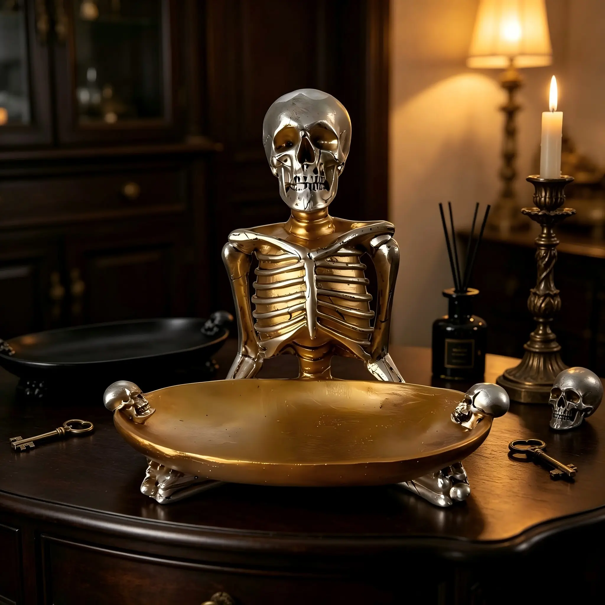 Resin Skull Tray for Key and Small Item Storage, Vintage Halloween Decorative Organizer, Desktop Jewelry Holder, Retro Skeleton Display Piece