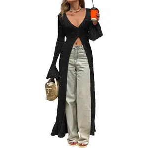Saodimallsu Womens Crochet Long Cardigans Duster Button Up Bell Long Sleeve Ruffle 2026 Summer Boho Beach Cover Ups summerwins, Women's Clothes, Clothes For Women