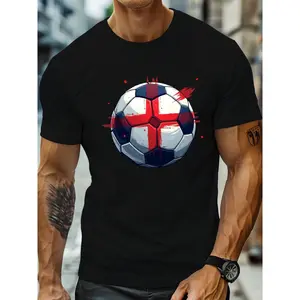 Men's England Flag Soccer Ball Graphic T-Shirt - Black with White & Red St. George's Cross Design, Breathable Crew Neck Short Sleeve Casual Summer Shirt for England Football Fans, Machine Washable Fan Apparel, Game Day Outfit, Durable Material, PLUS SIZE