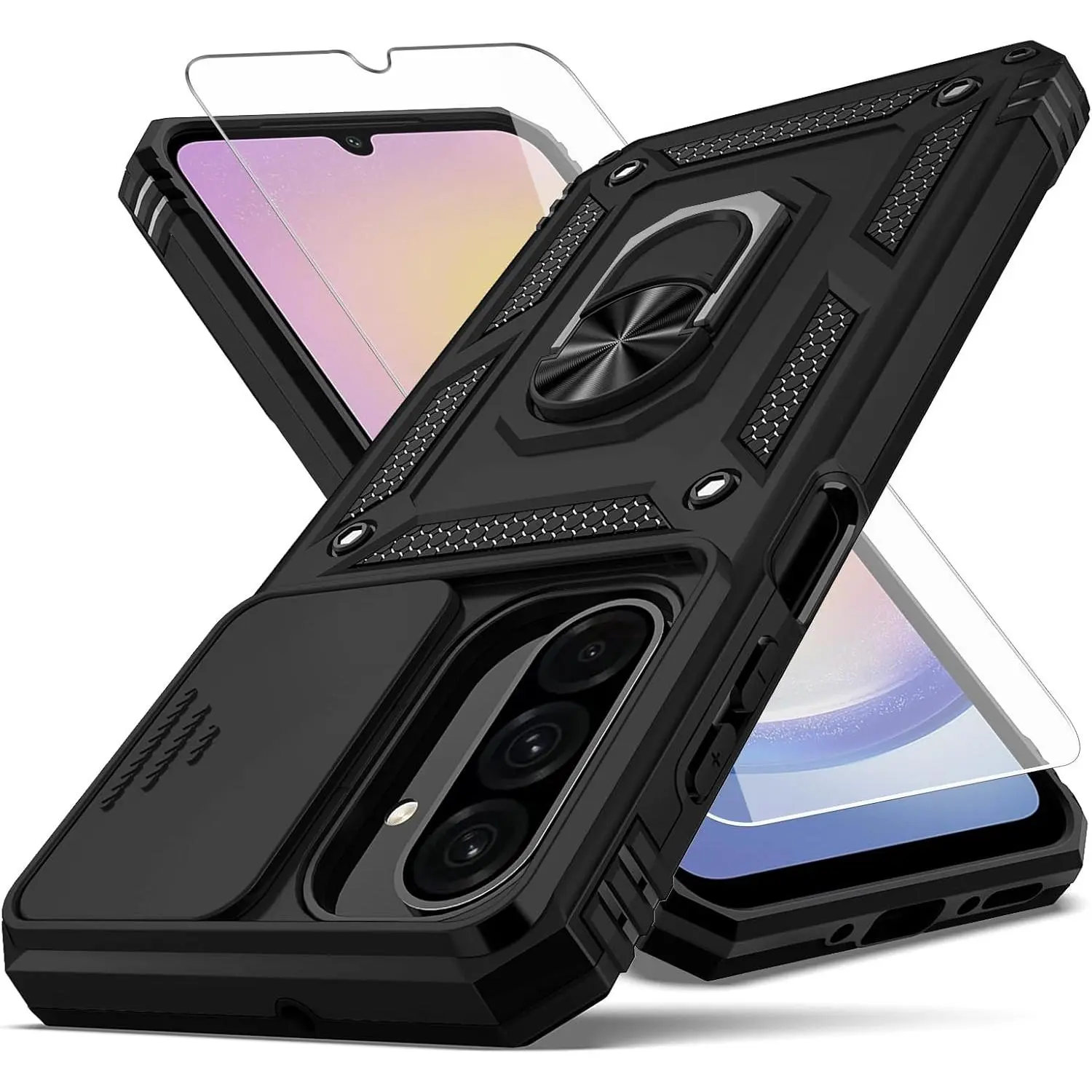Heavy Duty Shockproof Full Body Smartphone Casing for Samsung Galaxy A17 5G - Magnetic Metal Slide Camera Lens Cover, Finger Ring Holder Kickstand, Screen Protector, Black Handheld Devices Accessory