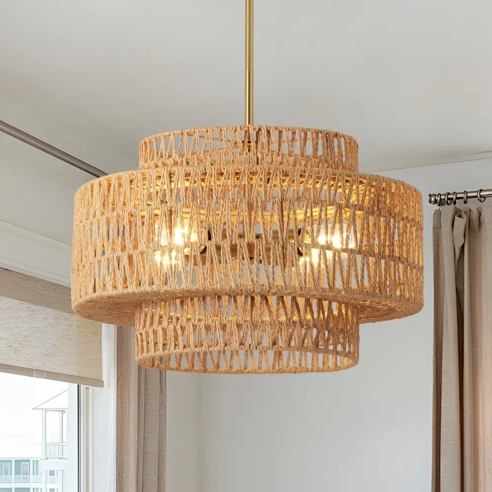 Littleox 17.7" Boho Rattan Chandelier for Dining Room Light Fixture, 4-Light Hand Woven Wicker Pendant Light Fixture, Farmhouse Rustic Hanging Chandelier for Dining Room, Kitchen Island, Living, Bedroom