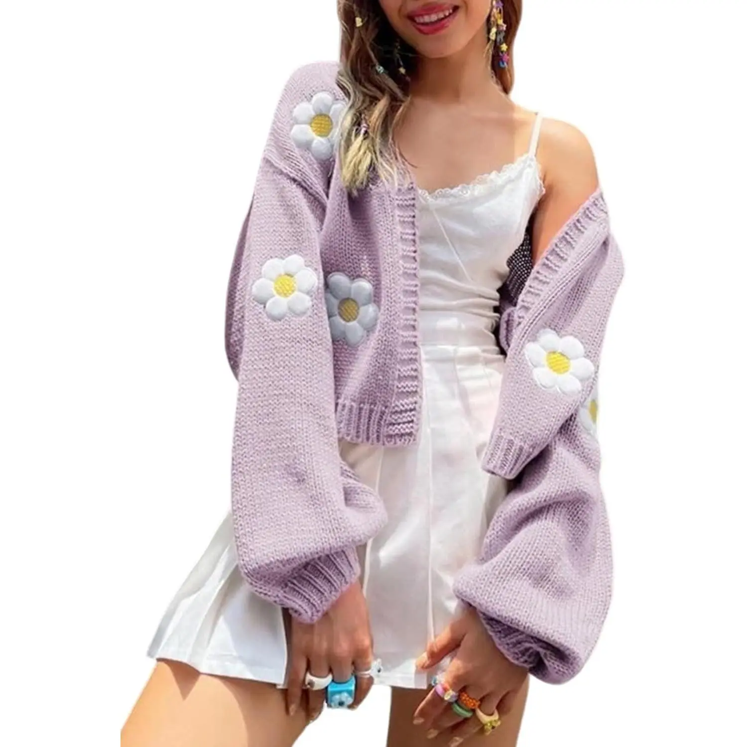 Yimoon Y2K Womens Flower Cardigan Sweater Long Sleeve Knit Cropped Cardigan Open Front Cute Shrug Fall Sweater 90s Outfits