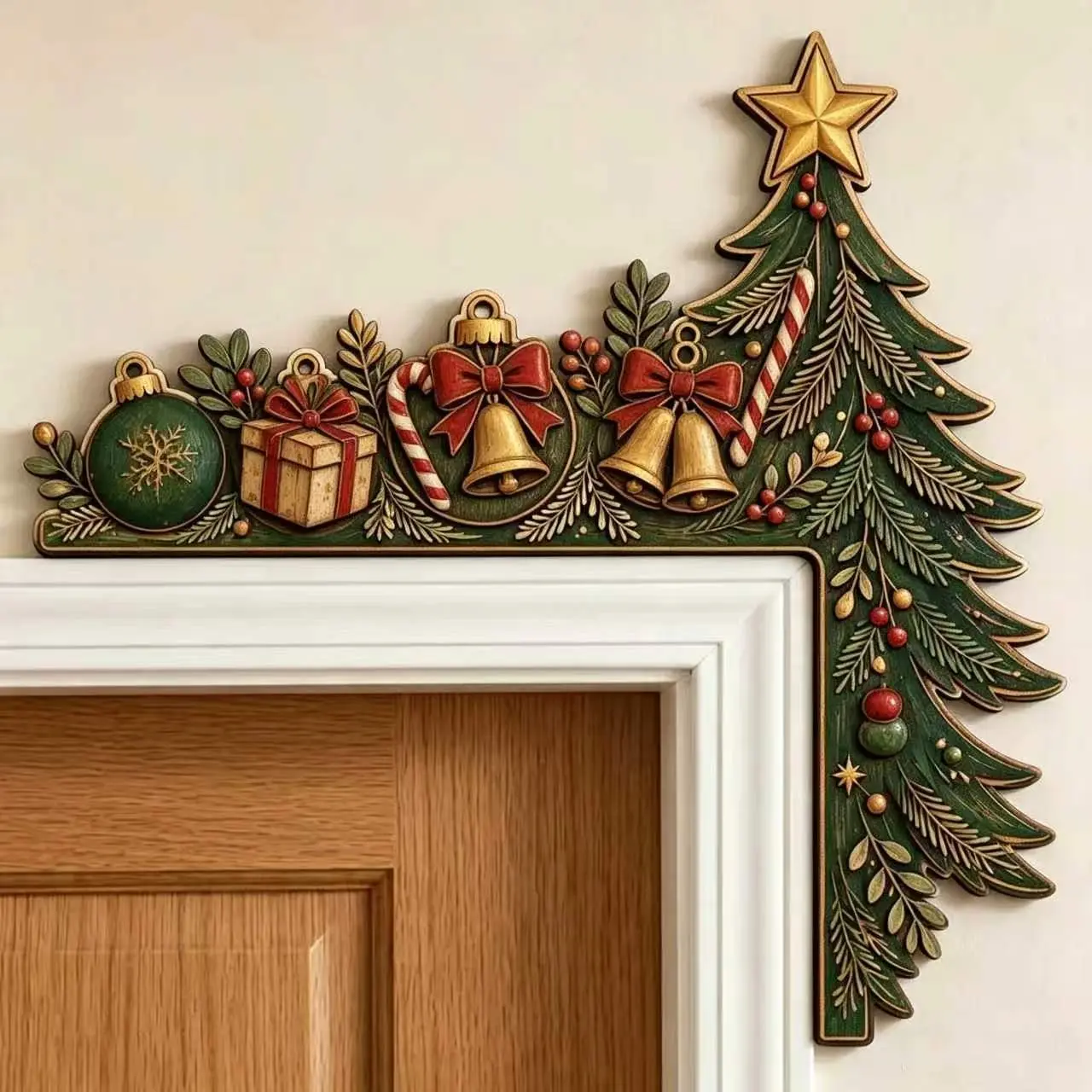 Christmas Tree Wooden Door Frame Corner Sign, Bell Candy Cane Gift Decorative Door Angle Ornament, Holiday Christmas Door Trim, Festive Wall Decoration