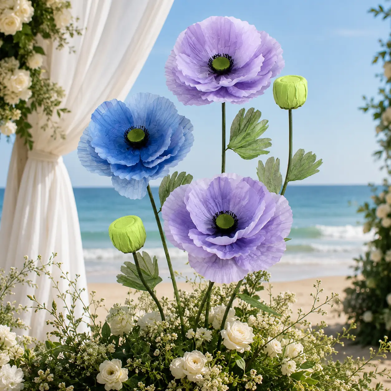 Pastel Garden Muse Giant Paper Poppy Flowers, Single or Multi-Bloom Floral Props for Indoor and Outdoor Weddings, Parties and Photo Backdrops
