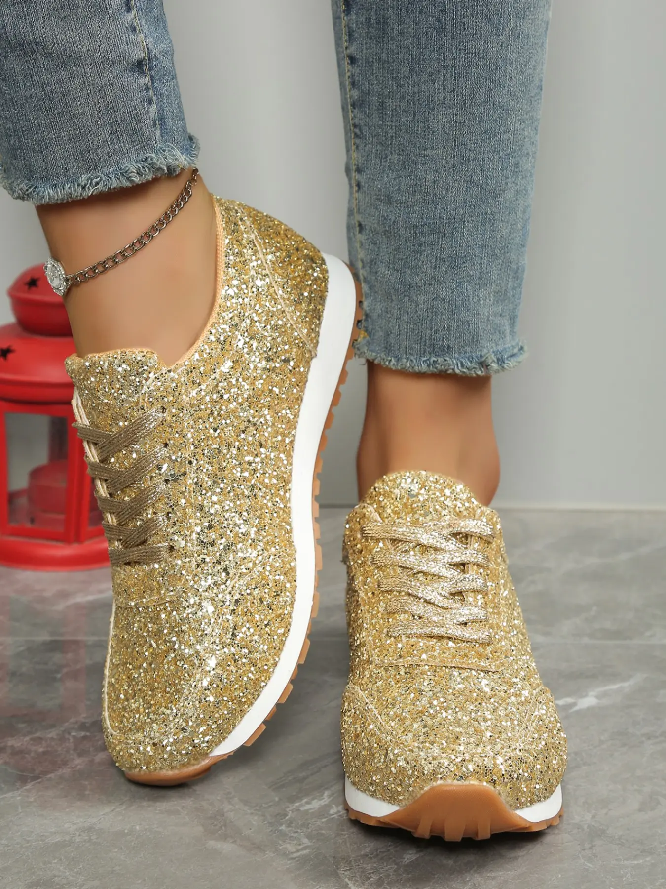 Women's New Glitter Lace-Up Casual Sneakers, Lightweight Thick Sole Sparkle Board Shoes, Party Daily Wear Female Shoes, Trendy Trainers