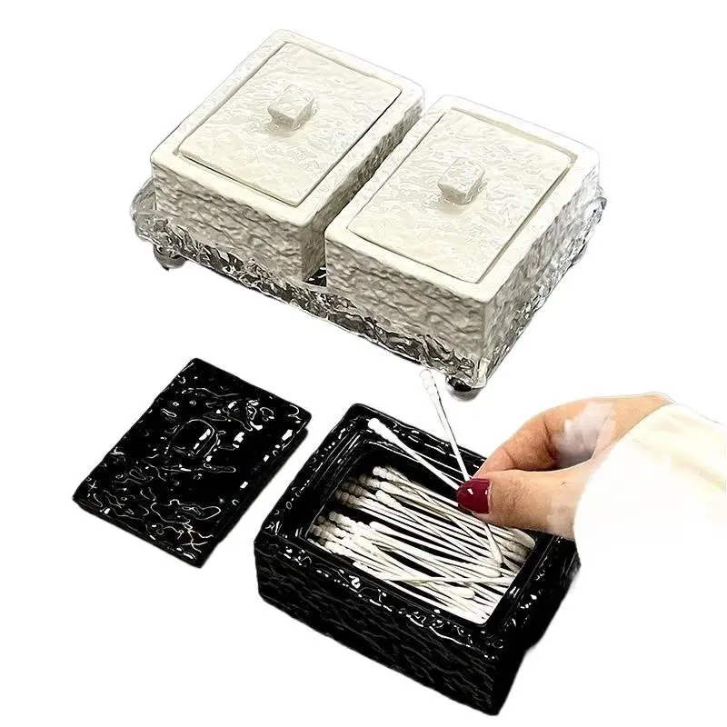 Home Kitchen Bathroom Organizer Storage Box for Cotton Swabs Toothpicks Floss with Lid Dustproof Ceramic Look Multipurpose Storage Container