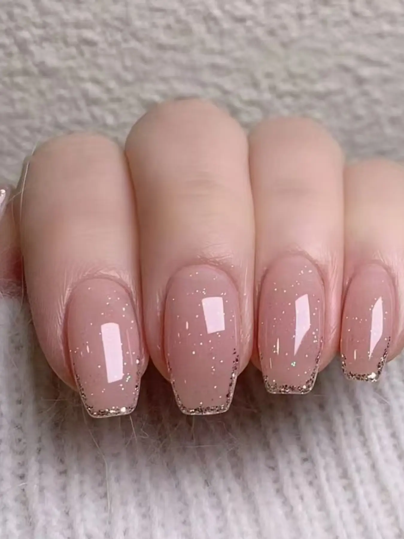 Nude French Glitter Nail Art Wearable Armor, Short Ballet Nails, Detachable Finished Nails, All Seasons Elegant Style