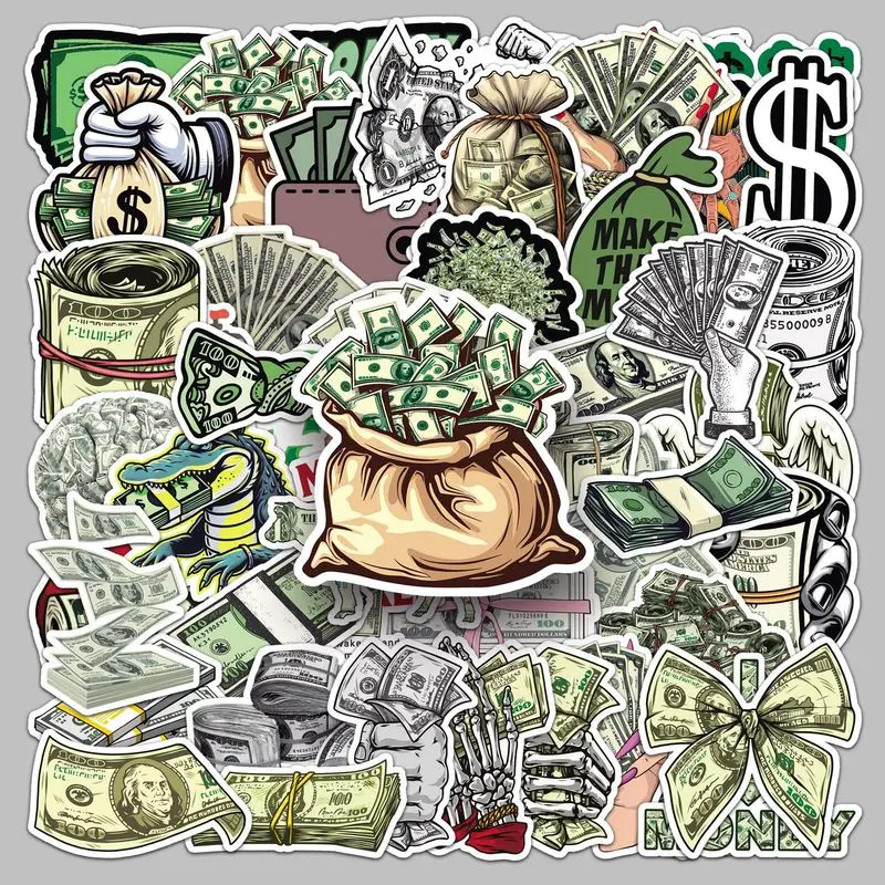 50Pcs Creative Dollar Stickers, Funny Money & Cash Cartoon Decals, Perfect for DIY Album, Planner, Phone Case, Headset, Laptop, Gift Decor