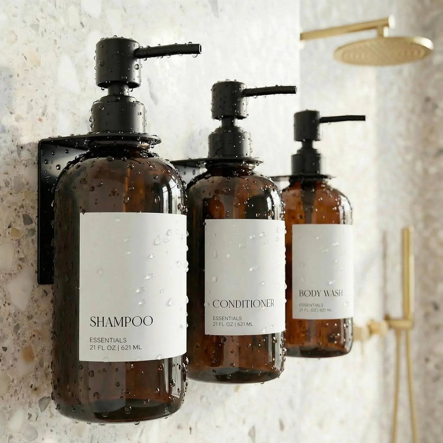 Stylish Shampoo and Conditioner Dispenser Set of 3 for Wall Mount - Modern Drill Free 21oz Shower Soap Bottles with Labels - Easy Refill Body Wash Dispensers for an Instant Bathroom Decor Upgrade