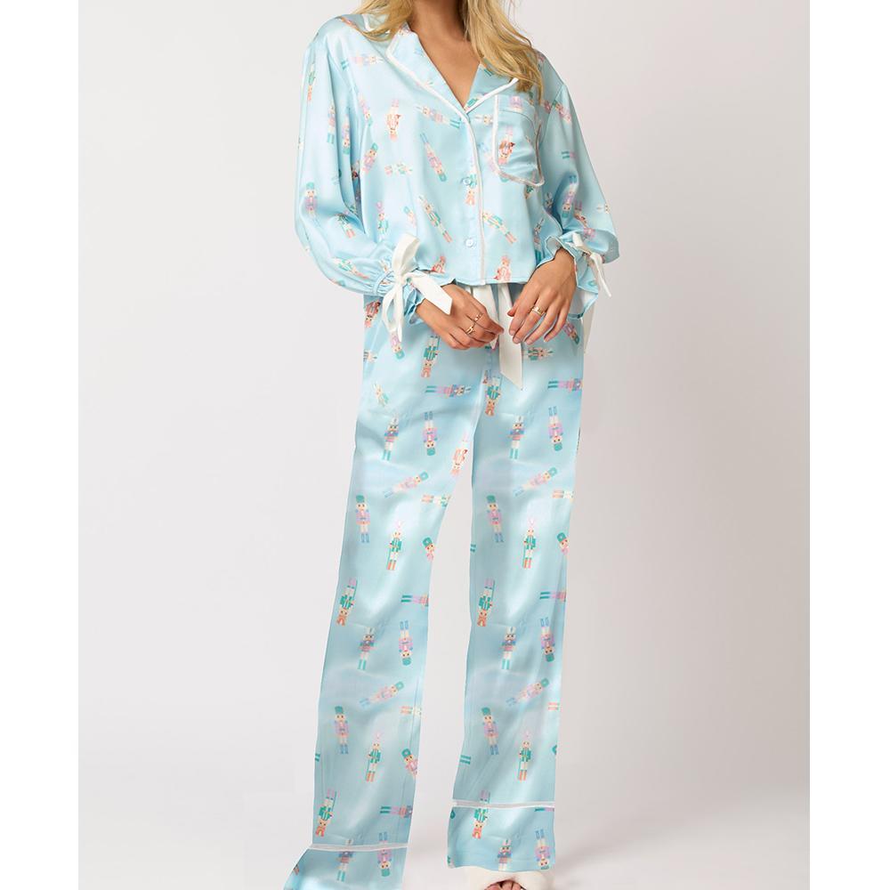 Women 2 Piece Christmas Pajamas Set Bow Tie Santa Claus Long Sleeve Button Shirts Wide Leg Pants Cute Pjs Sets Xmas Sleepwear