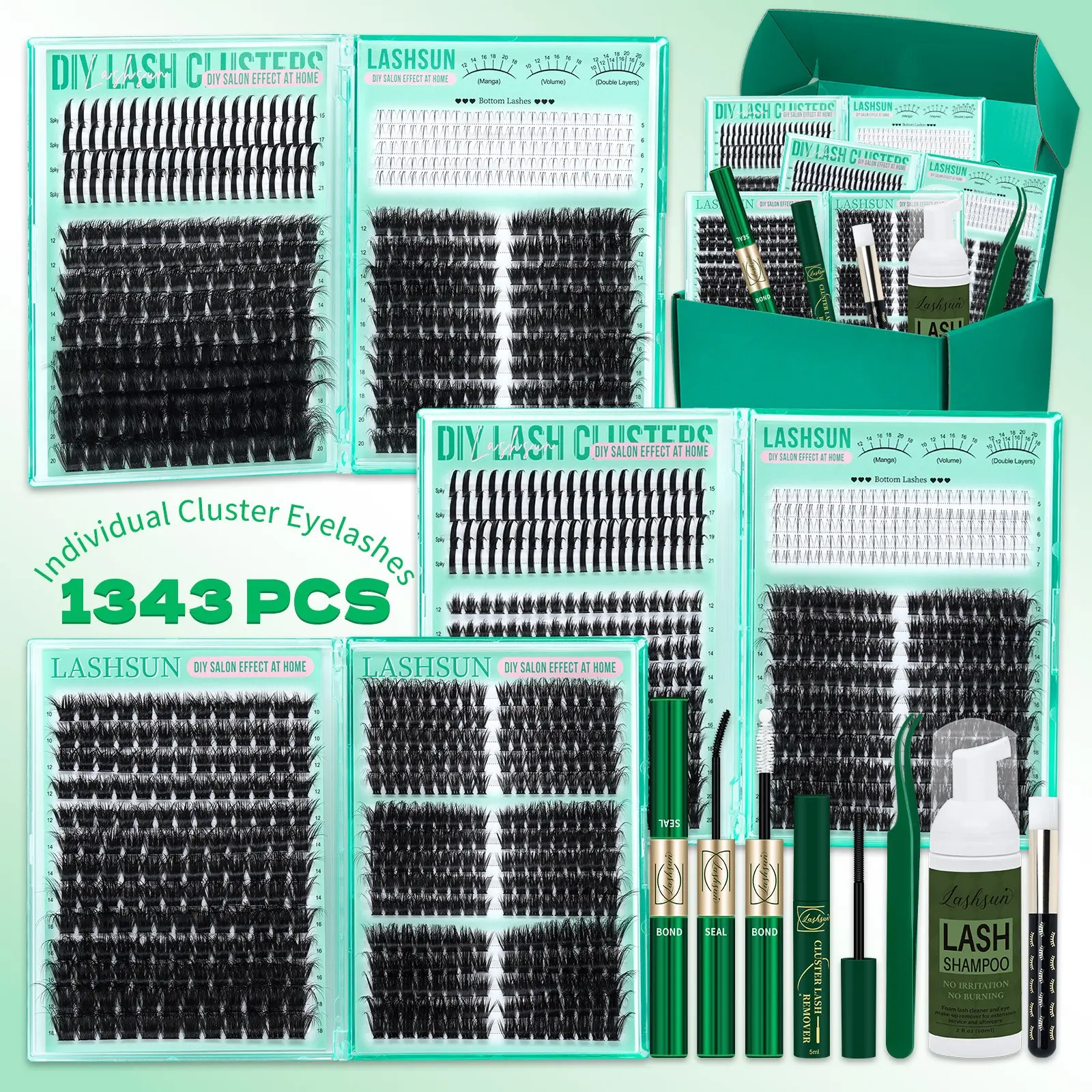 1343 Pcs D Curl Eyelash Clusters Set, Mixed 5-21mm 7 Styles Bottom/Spike/Mega/Cat/Volume Thick 3D Multi-Layered Lashes, DIY Volume Eyelashes, Kit with Bond&Seal Remover Tweezers Lash Shampoo Brush, DIY at Home Easily, Easy Apply for Makeup Daily