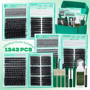 1343 Pcs D Curl Eyelash Clusters Set, Mixed 5-21mm 7 Styles Bottom/Spike/Mega/Cat/Volume Thick 3D Multi-Layered Lashes, Kit with Bond&Seal Remover Tweezers Lash Shampoo Brush, DIY at Home Easily, Easy Apply for Makeup Daily
