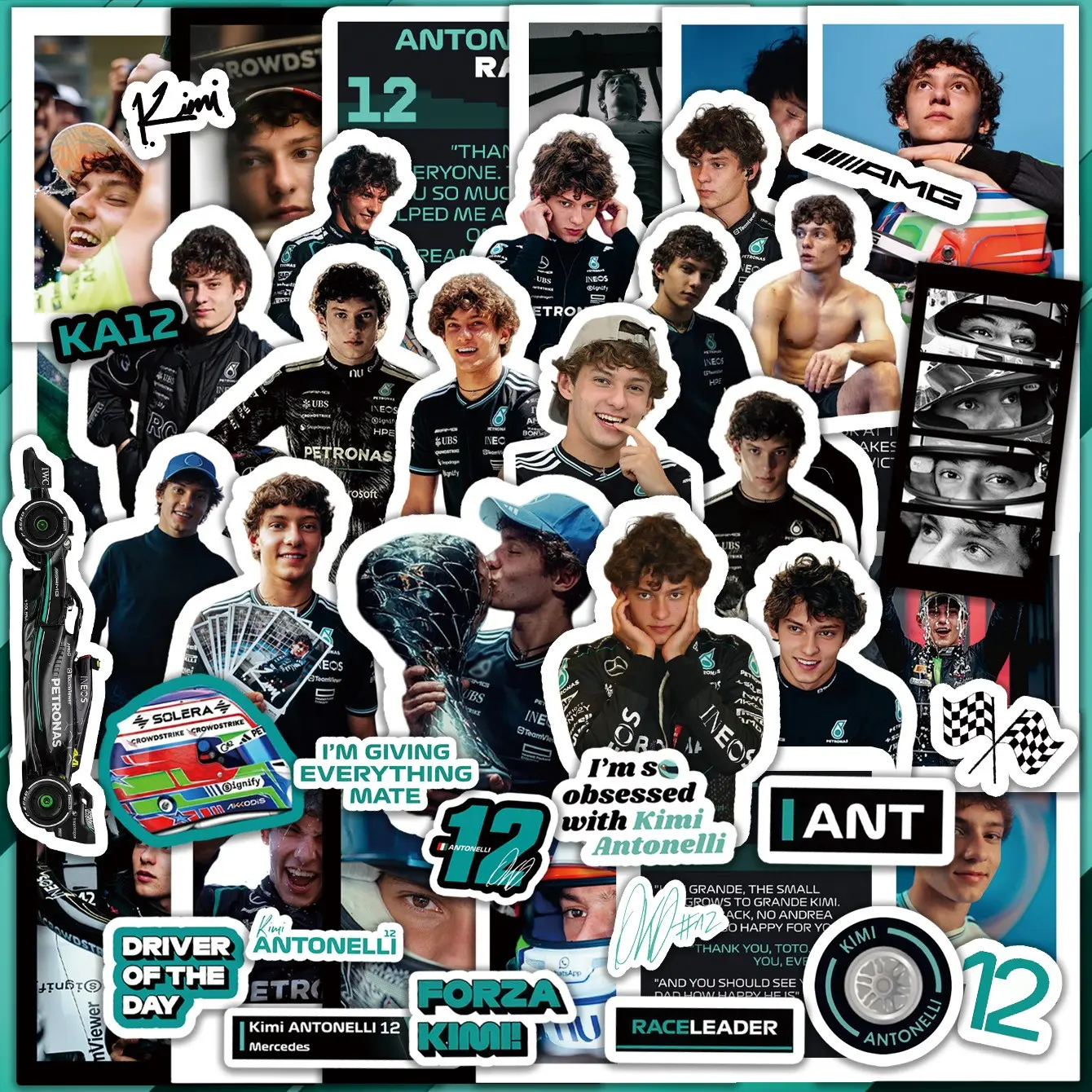 6 Sheets Kimi Antonelli F1 Racing Stickers, Number 12 Race Stickers, DIY Decorative Stickers for Phone Cases, Helmets, Water Bottles, Birthday Parties