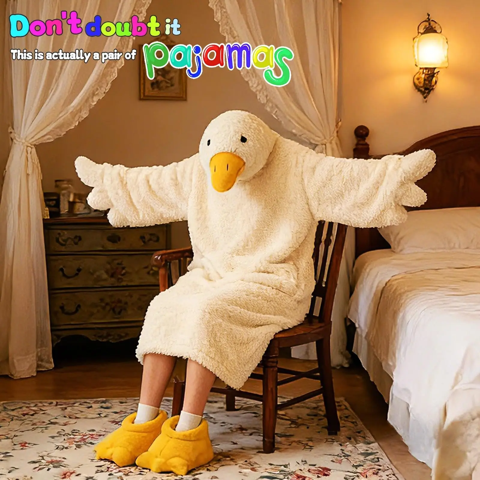 Funny Cute Duck Onesie Pajamas, Thickened Fuzzy Wearable Robe with Duck Foot Slippers, Cozy Homewear for Couples, Party Cosplay Clothes (3 Colors)