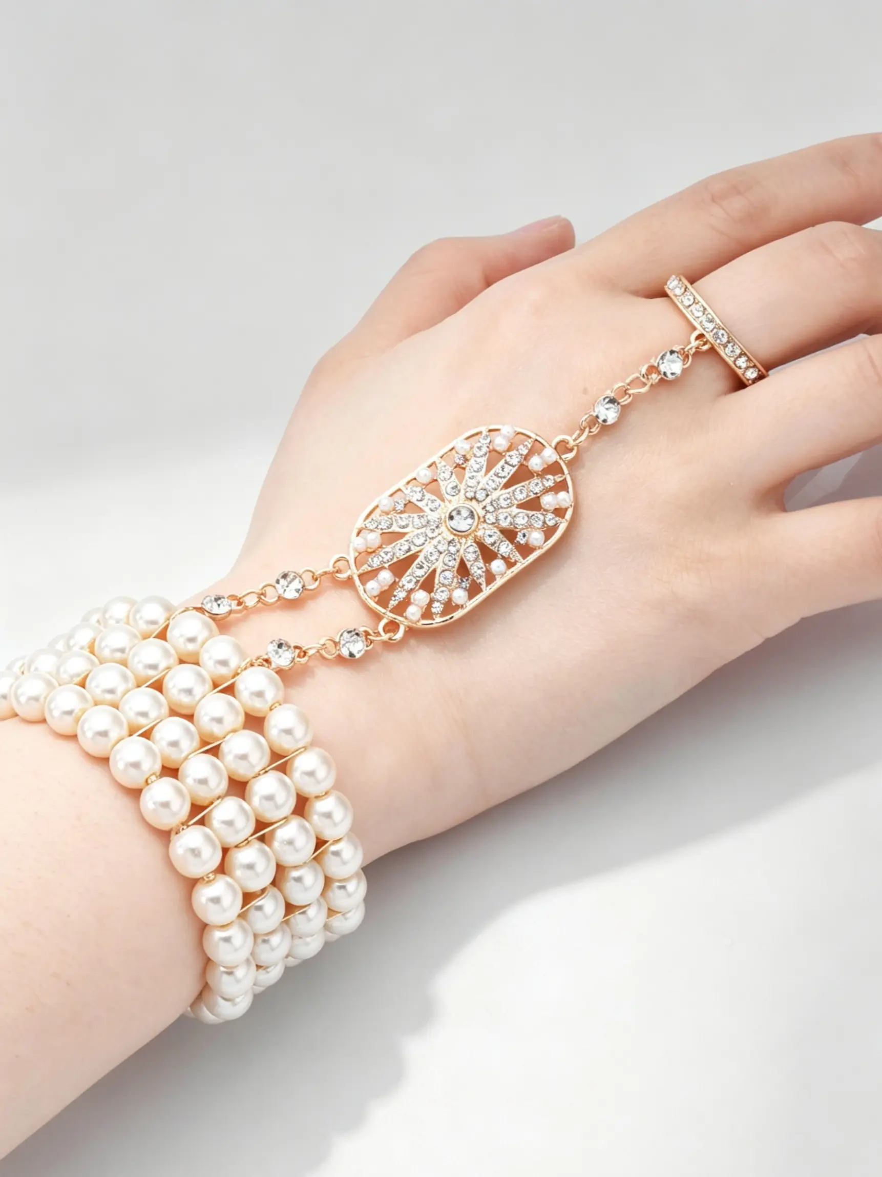 EVER FAITH 1920s Gatsby Flapper Bracelet & Ring Set for Women, Vintage Inspired Pearl Rhinestone Bridal Prom Jewelry, Adjustable Costume Set