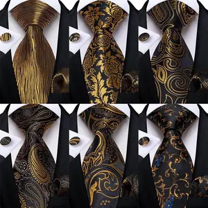 Luxury Black Gold Paisley Striped Floral Silk Men's Tie Set Handkerchief Cufflinks Wedding Party Accessories Groom Gift for Men