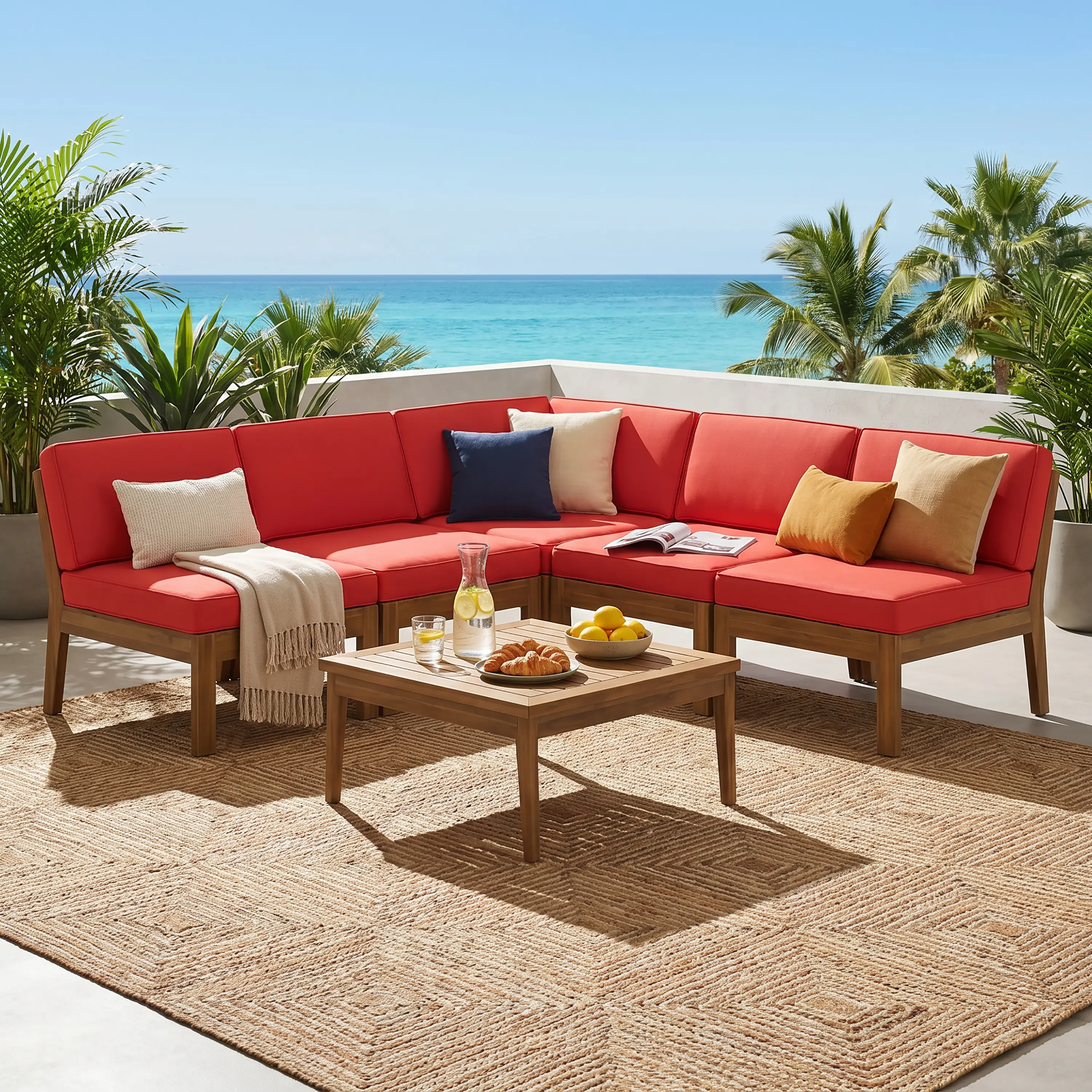 ARCH GRENADA 5 Seater Acacia Wood Sectional Armless Sofa Set Teak Red Living Room Furniture Couch Set with Solid Wood Frame Indoor Lounge Seating for Family Room Apartment, Living Room Furniture for Apartment, Lounge, Family Room, Sofa Couch Seating