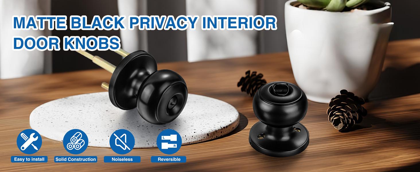 Privacy Door Knob, 10 Pack Matte Black Round Keyless Doorknobs Interior/Exterior Lockset, Privacy Locking Door Knobs for Bedroom/Bathroom, Black Modern Design Door Hardware