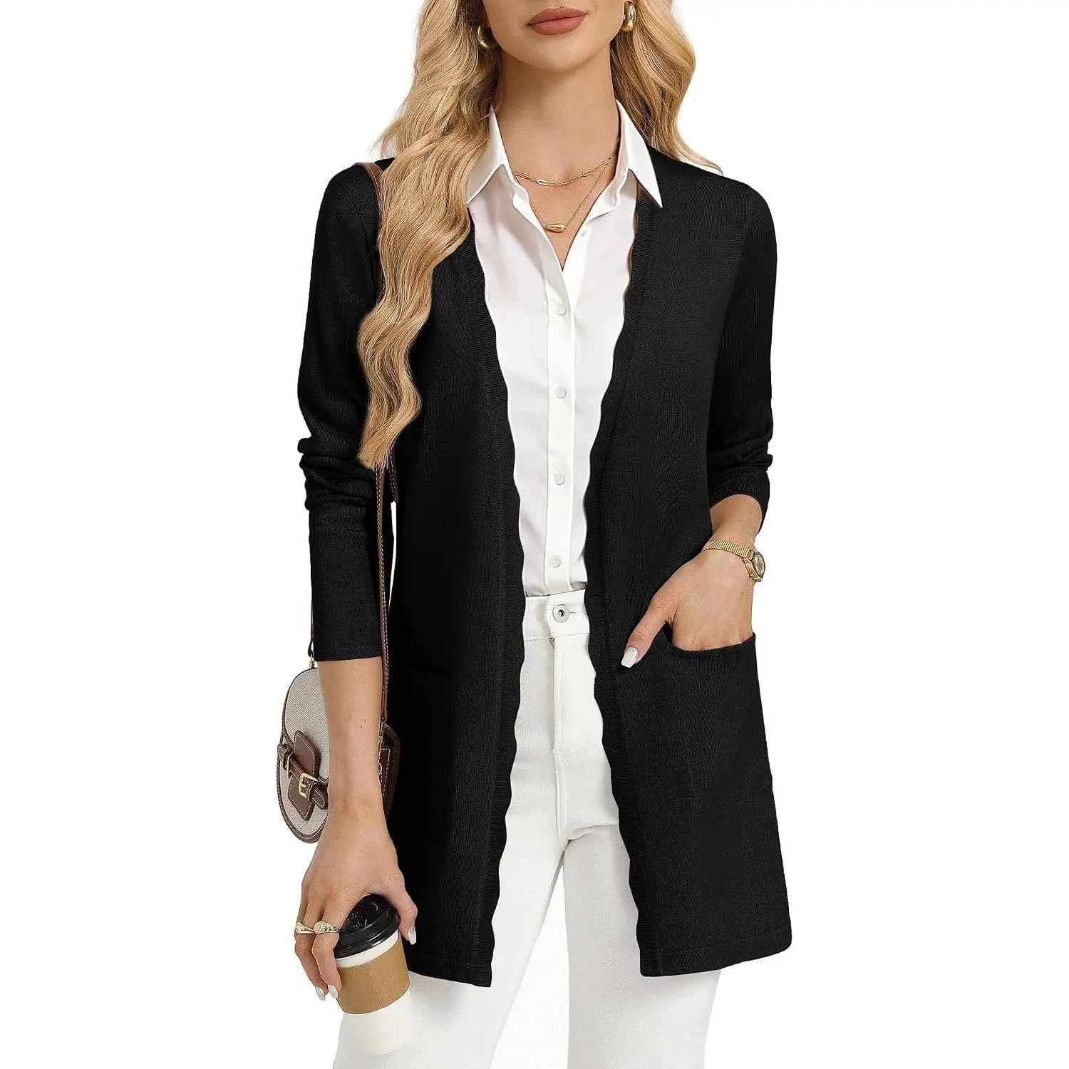 Women's Long Sleeve Long Cardigan Sweater - Lightweight, Open Front, Business Casual Spring Outfits with Pockets, Tops, Fabric Blouses, Trouser-Friendly Gift, Piece, Mesh, Basic, Evening