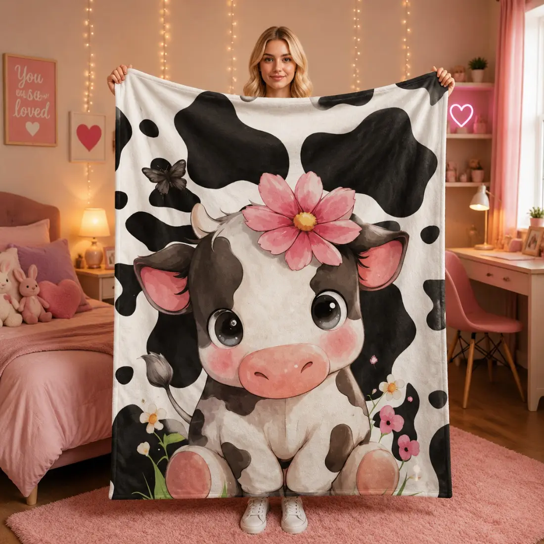 Cute Floral Baby Cow Cow Print Background Flannel Throw Blanket, Pink Flower Cartoon Dairy Cow Soft Lightweight All Season Blanket for Girls Bedroom Sofa Nap, Perfect Birthday Spring Holiday Gift for Cow Lovers Farm Girl Teens