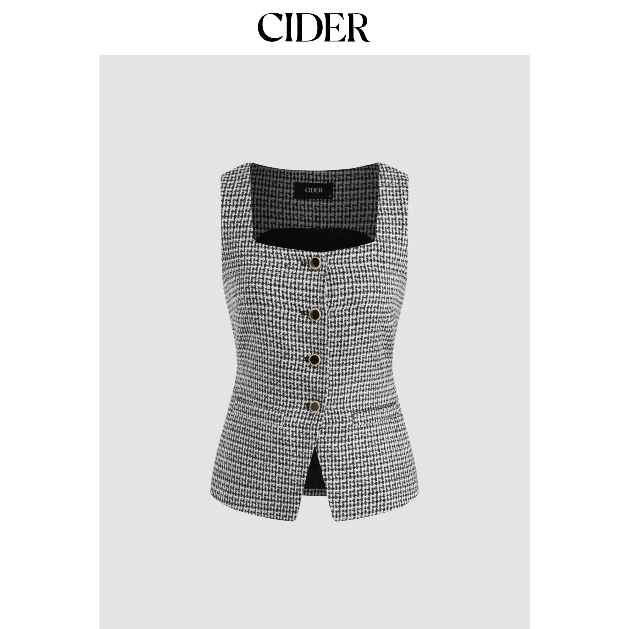 Cider [size 2-24] Tweed Square Neck Check Waistcoat SohoChic