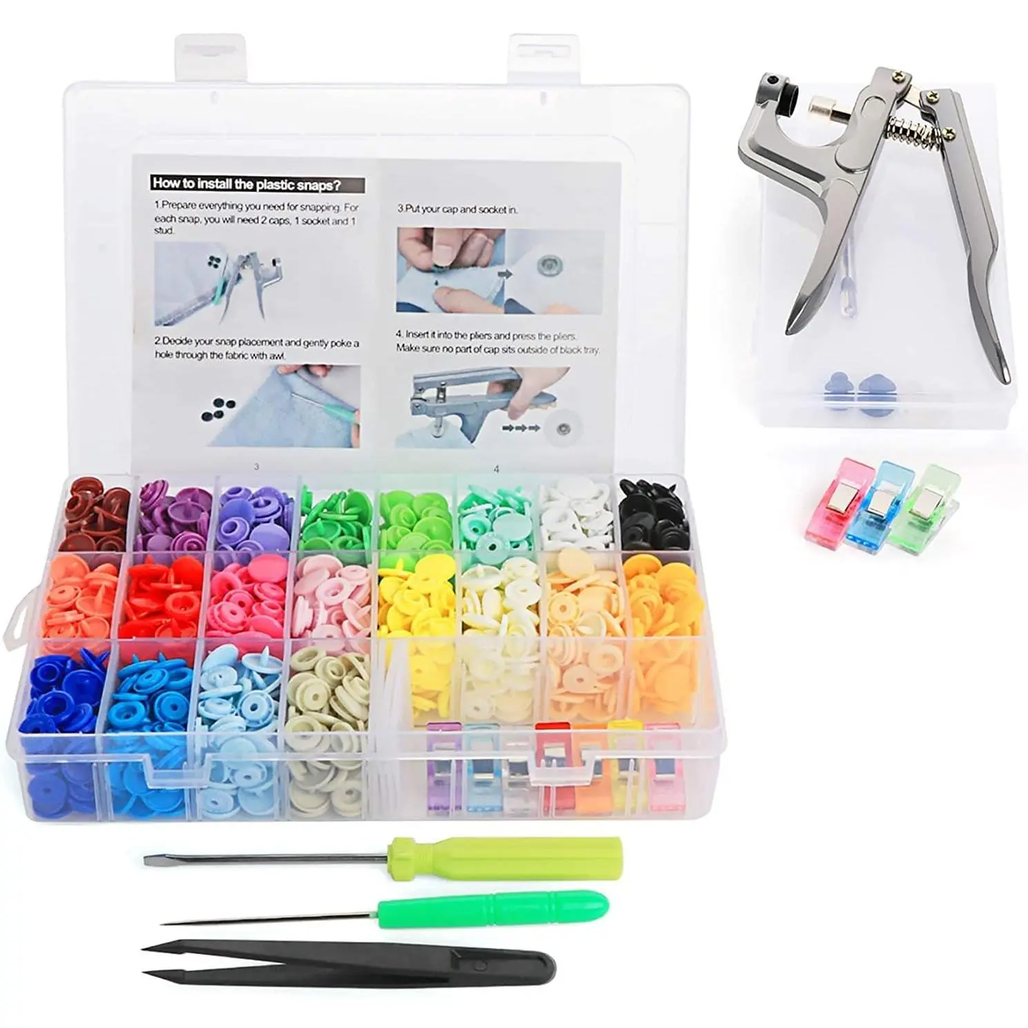 Snap Button with Snap Pliers Kit, 400 Sets Snap Fastener T5 Plastic No-Sew Buttons, Starter Fasteners Poppers Press DIY Studs Kits for Sewing Clothing & Diapers Rain Coat Crafting