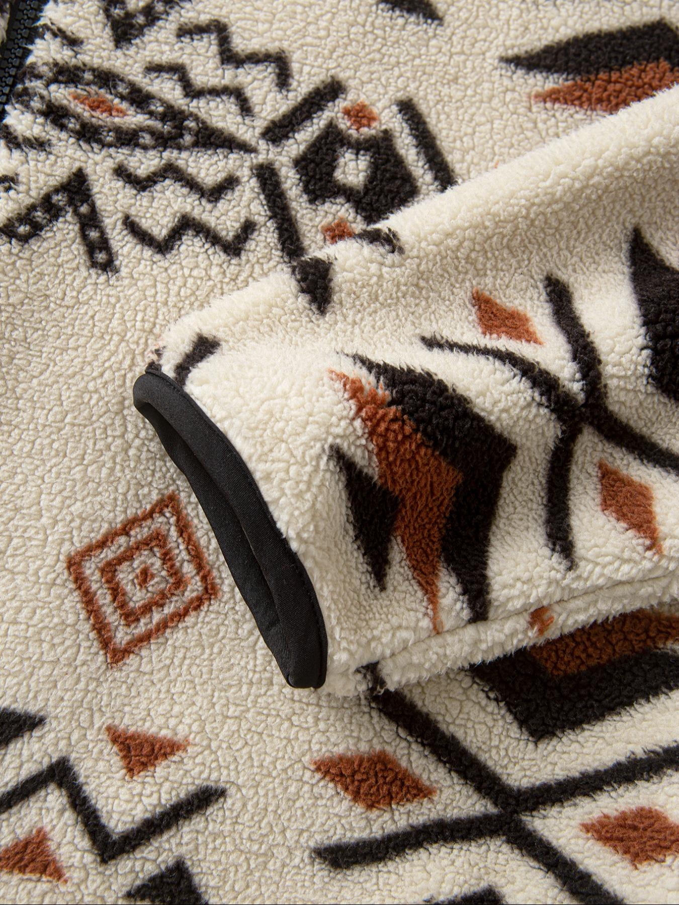 Men's Ethnic Style Fleece Jacket Coat, Casual Fashion Coat, Zipper Design, Loose Fit, Fall & Winter Wear, Casual Men's Clothing, Christmas Gift Idea