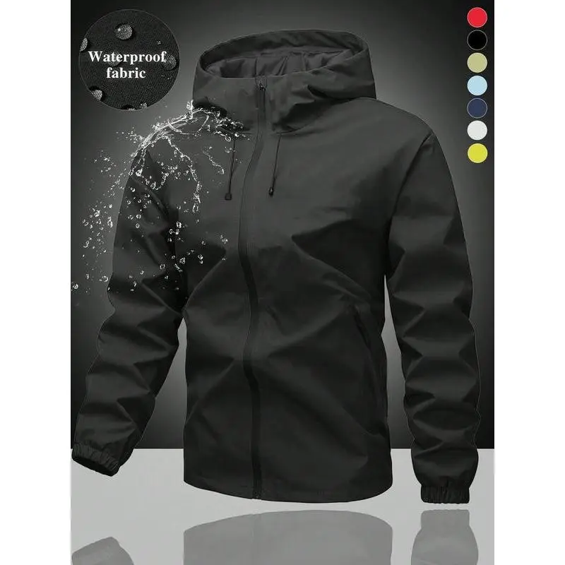 Men's Waterproof Windproof Drawstring Zipper Hooded Jacket, Outdoor Sports Coat, Hiking, Daily Wear, All Seasons, Fitted Style, Sports Outerwear