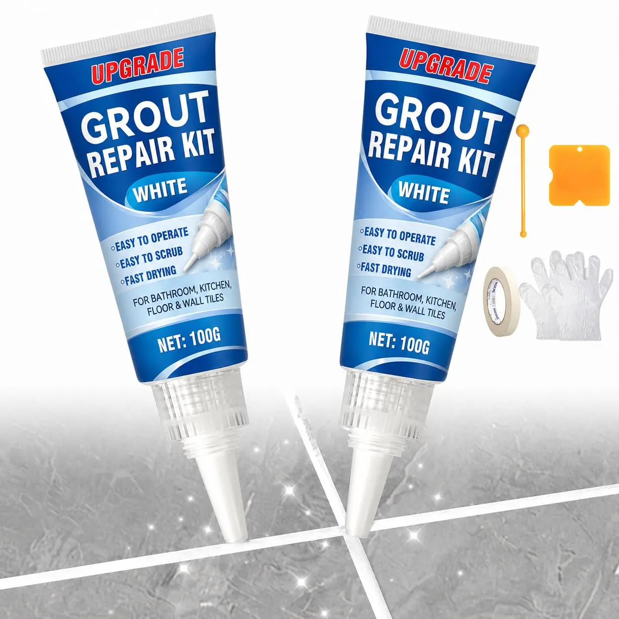 Tile Grout Repair Kit, 2 Pack  Drying Grout Sealer Tube | Easy DIY to Restore and Renew Tile Joints for Bathroom Shower Kitchen,  Tile Grout (White), with Tools