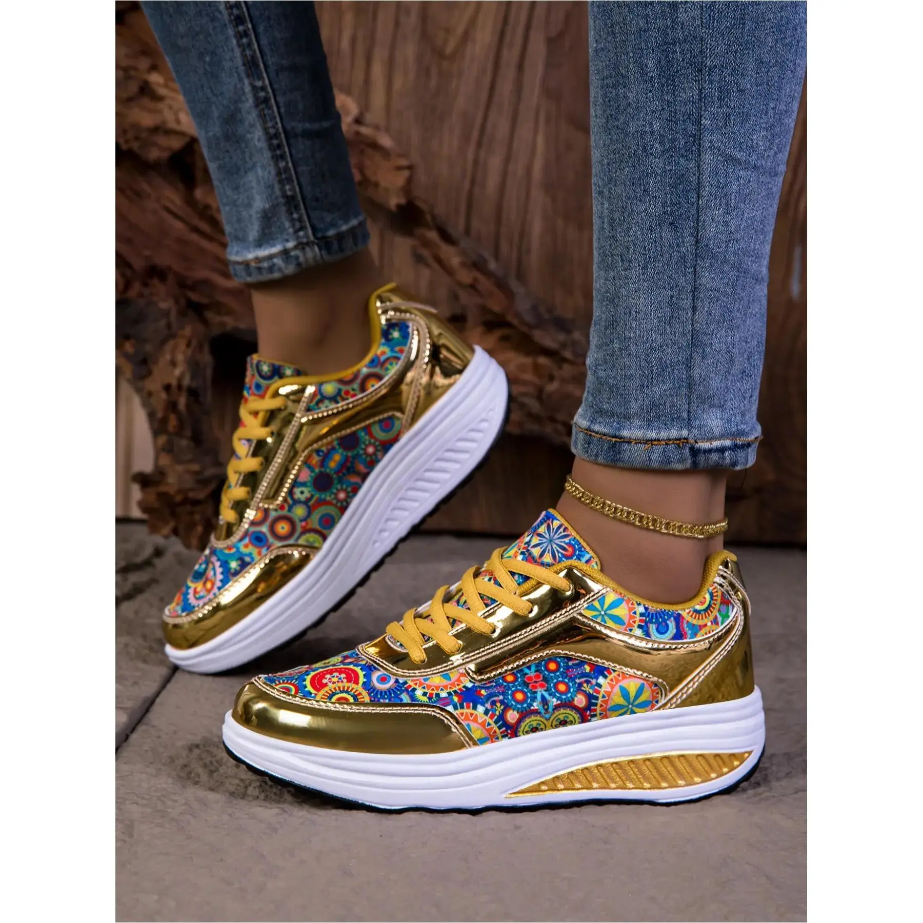 YYW1 Women's Bohemian Colorful Print Platform Sneakers Metallic Gold Thick Sole Wedge Casual Walking Shoes Fashion Trendy Chunky Dad Shoes Comfort Non Daily Shoes