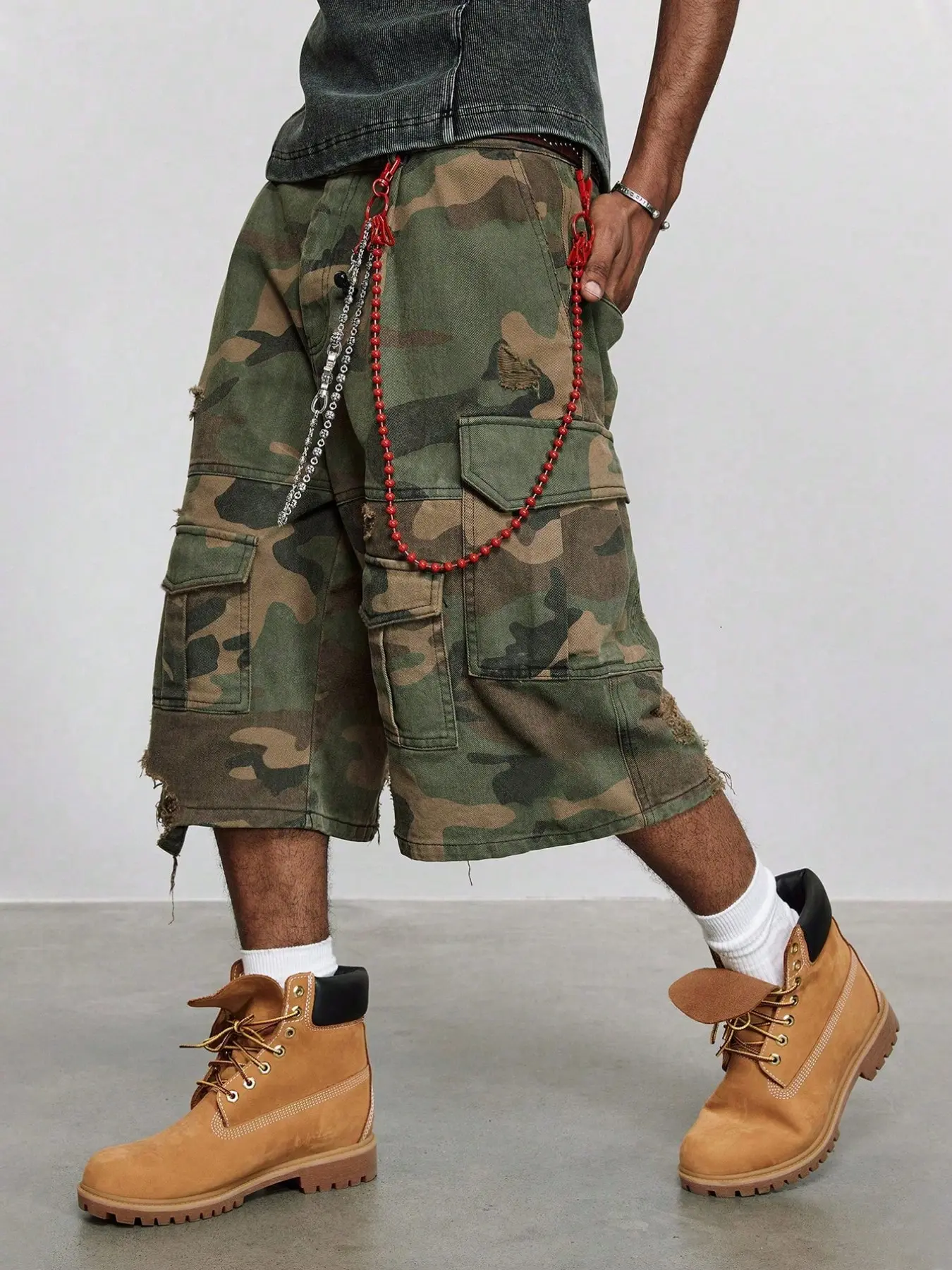 Men's Camo Distressed Ripped Shorts, Casual Street Style Stretch Jeans, Perfect for Summer, Comfortable Daily Wear Design
