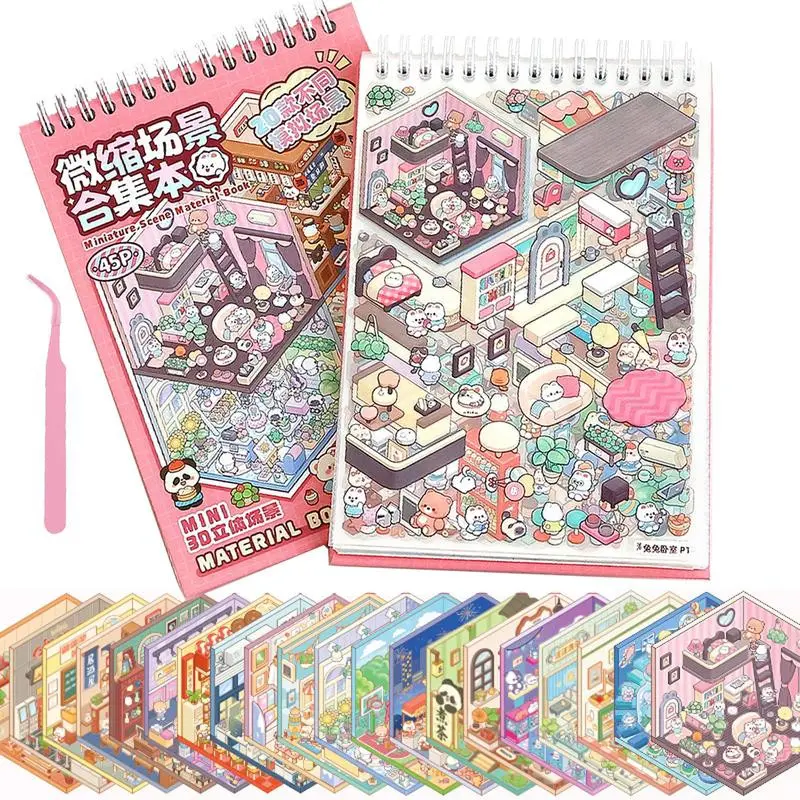 Mini Scene Collection Book, Includes 20 Scene Cards and 25 Stickers,Includes one pair of tweezers、 DIY Home Decor, Fun Gift for Adults and Kids, 3D Craft Kit