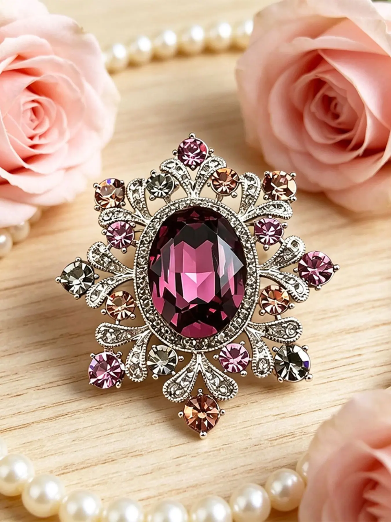 Vintage Royal Oval Crystal Brooch, Luxury Multicolor Rhinestone Filigree Brooch Pin, Elegant Women Suit Dress Accessory Gift