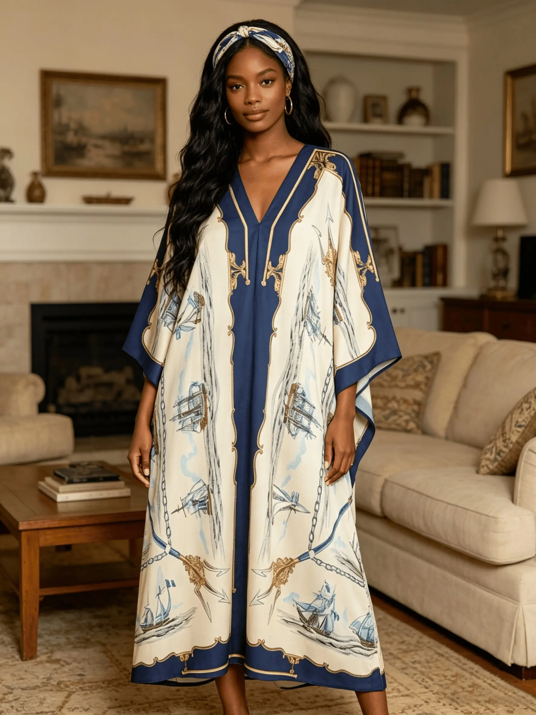 Cream Navy Nautical Ship Print Gold Rhinestone Embellished Kaftan Dress for Women, Plus Size Muslim Abaya with Matching Headband, V Neck Batwing Sleeve Maxi Caftan, Modest Beach Cover Up, Dubai Style Robe for Vacation, Eid & Party, Islamic Clothing