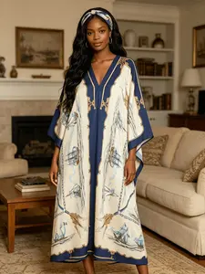 Cream Navy Nautical Ship Print Gold Rhinestone Embellished Kaftan Dress for Women, Plus Size Muslim Abaya with Matching Headband, V Neck Batwing Sleeve Maxi Caftan, Modest Beach Cover Up, Dubai Style Islamic Robe for Vacation, Eid & Party Loungewear