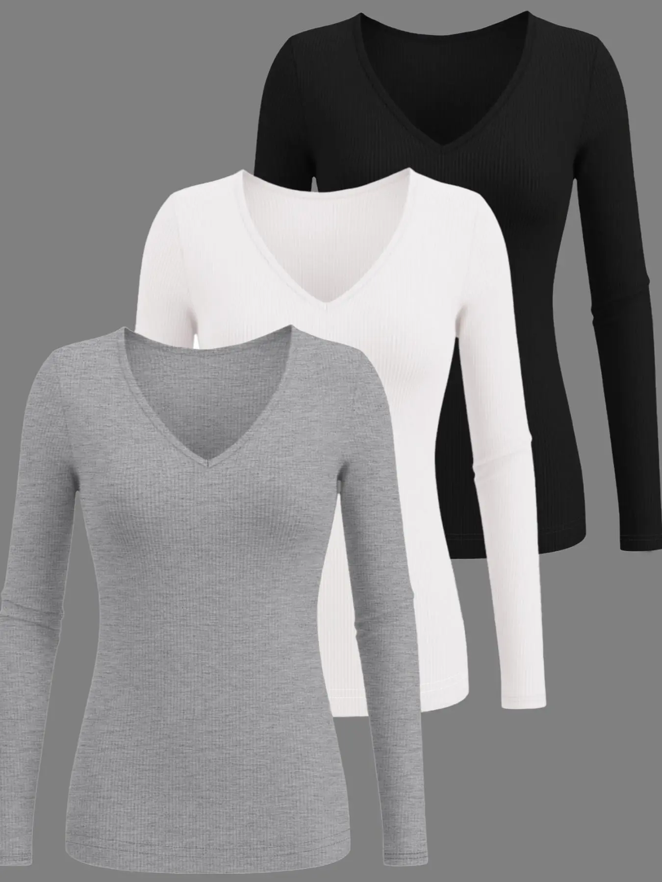 Women's Basic Solid Color V Neck Long Sleeve T-Shirt Set, Slim Fit Casual Top for Fall & Winter, Versatile Layering Tee