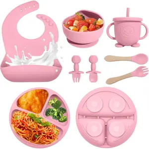 Baby Led Weaning Supplies, 8 Piece BPA-Free Silicone Feeding Set, Silicone Suction Bowl, Forks & Spoons, Bib & Cup, Develops Self Feeding Skills, Dishwasher Safe,  6+ Months (Pink)