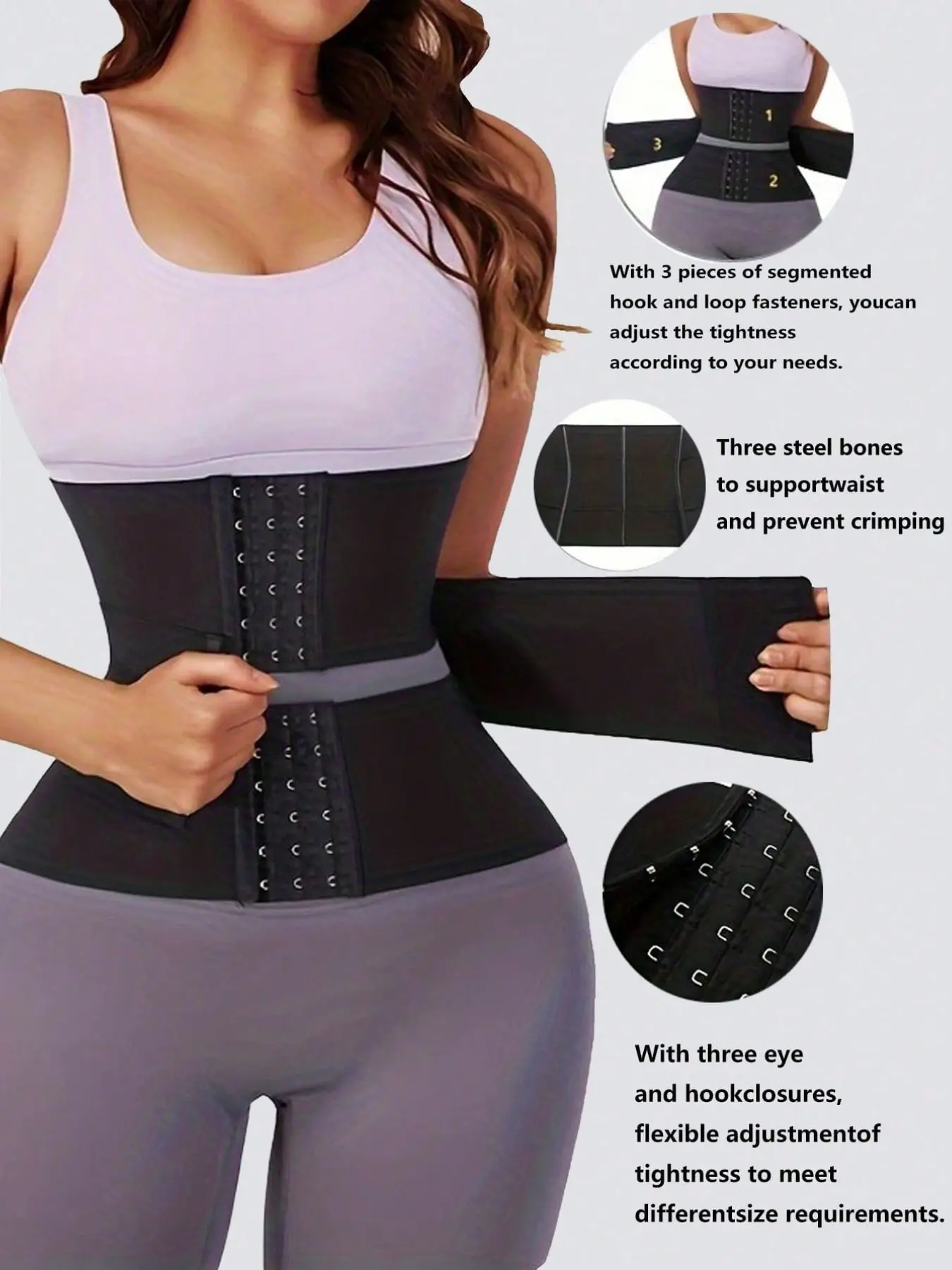 Women 3 Segmented Adjustable Waist Trainer Corset, Triple Steel Bones, Anti Rolling Tummy Control, Waist Cincher Body Shaper, All Seasons