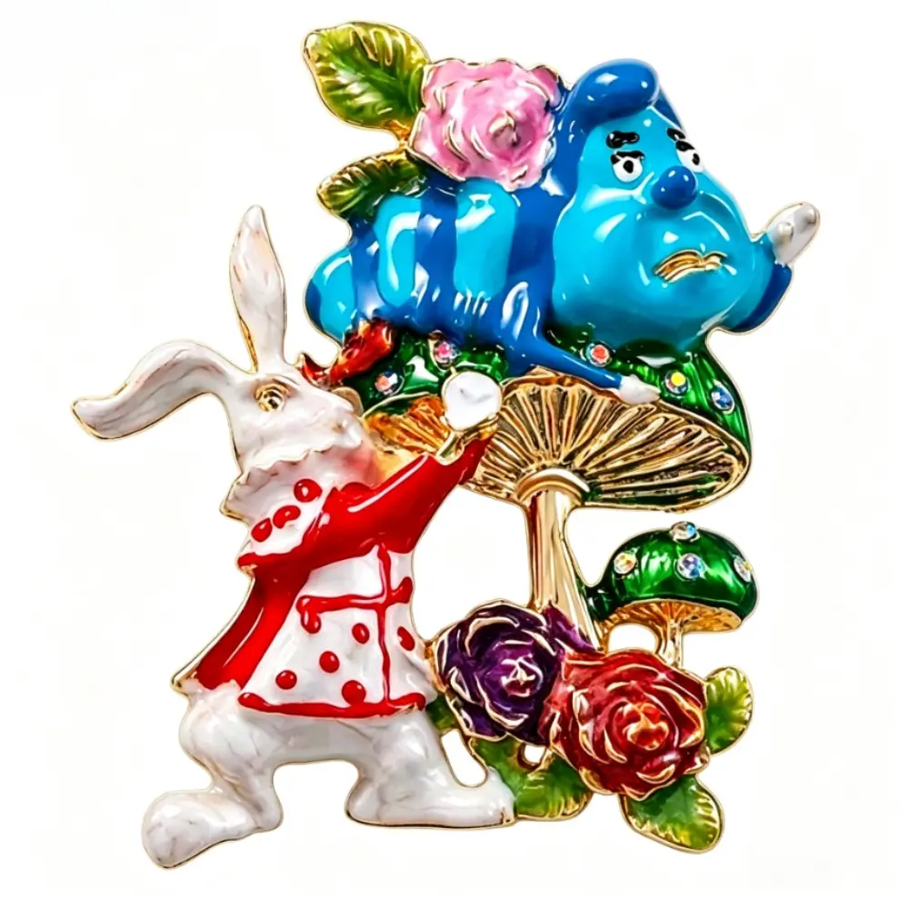 Alice White Rabbit Brooch Color Enamel Caterpillar Mushroom Rose Unisex Fairy Tale Lapel Pin Coat Decor