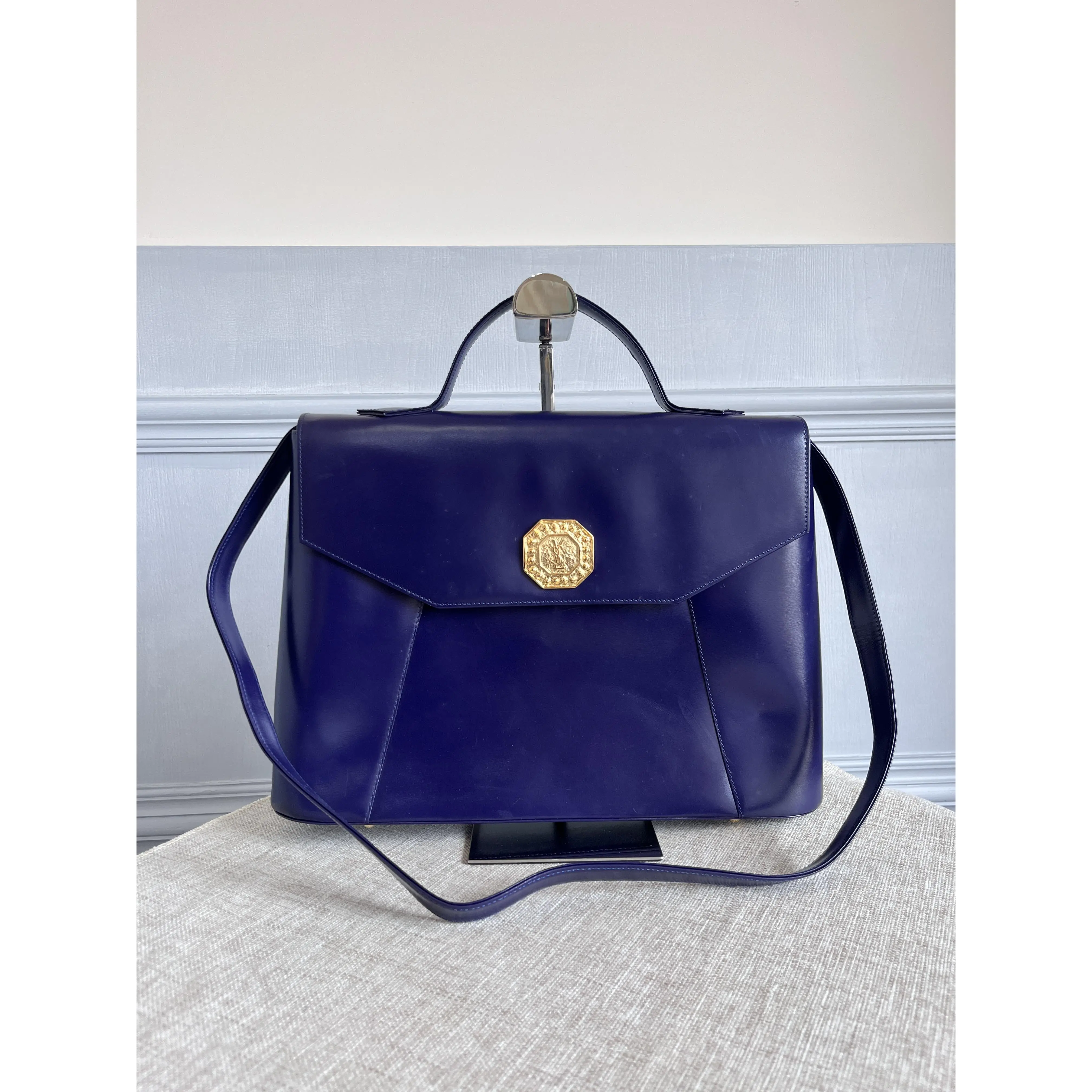 Pre-owned Yves Saint Laurent Authentic Vintage Octagon Coin Medallion Briefcase Bag Navy Purple Smooth Leather 2 Way Top Handle Crossbody Satchel Gold Embossed Crest Hardware
