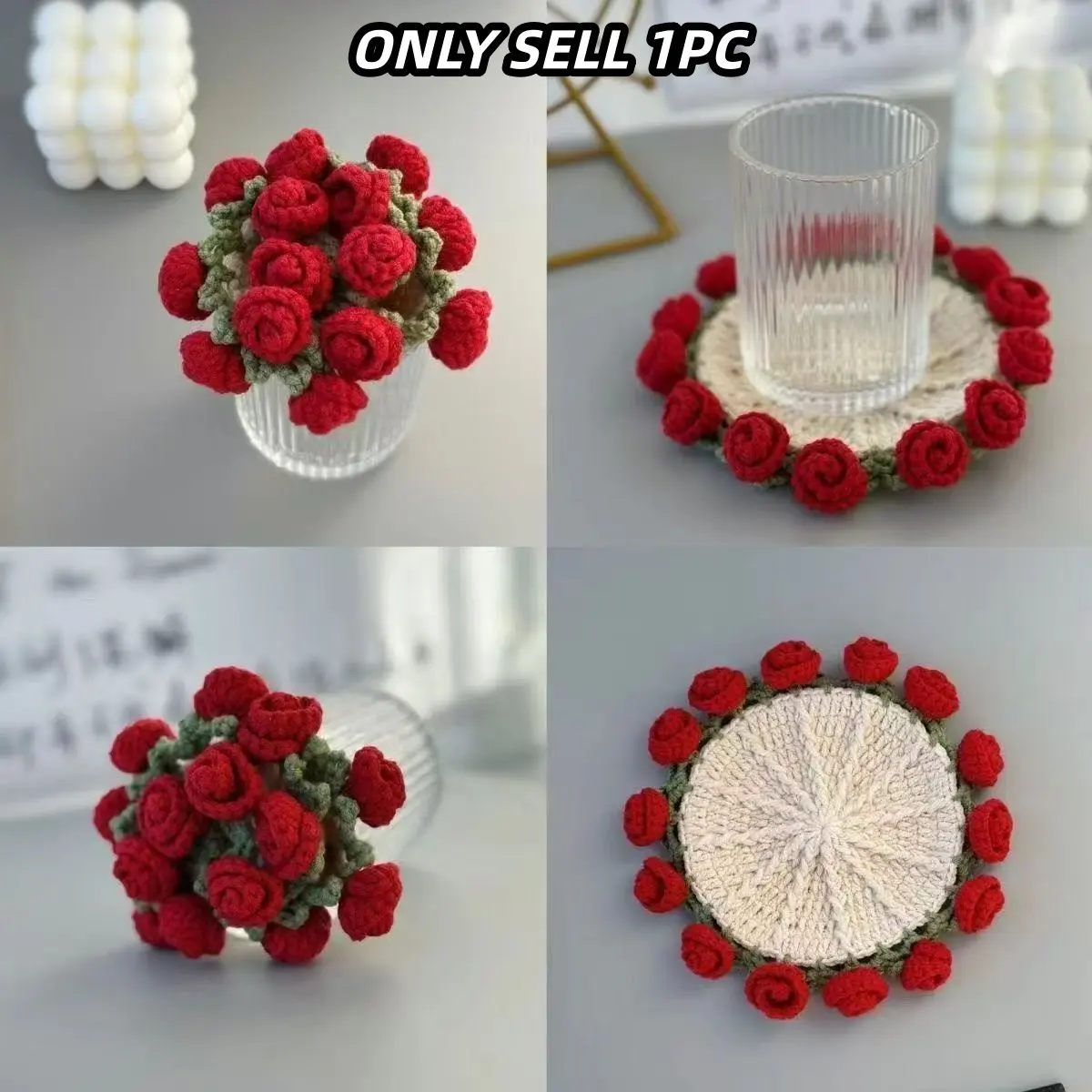 1PC Mother's Day Gift Selection, Crochet Rose Coaster Protecting Surfaces, Decorative Coaster, Hand-Woven Creative Mini Bouquet, Handmade Decoration, Flower Bouquet Coaster