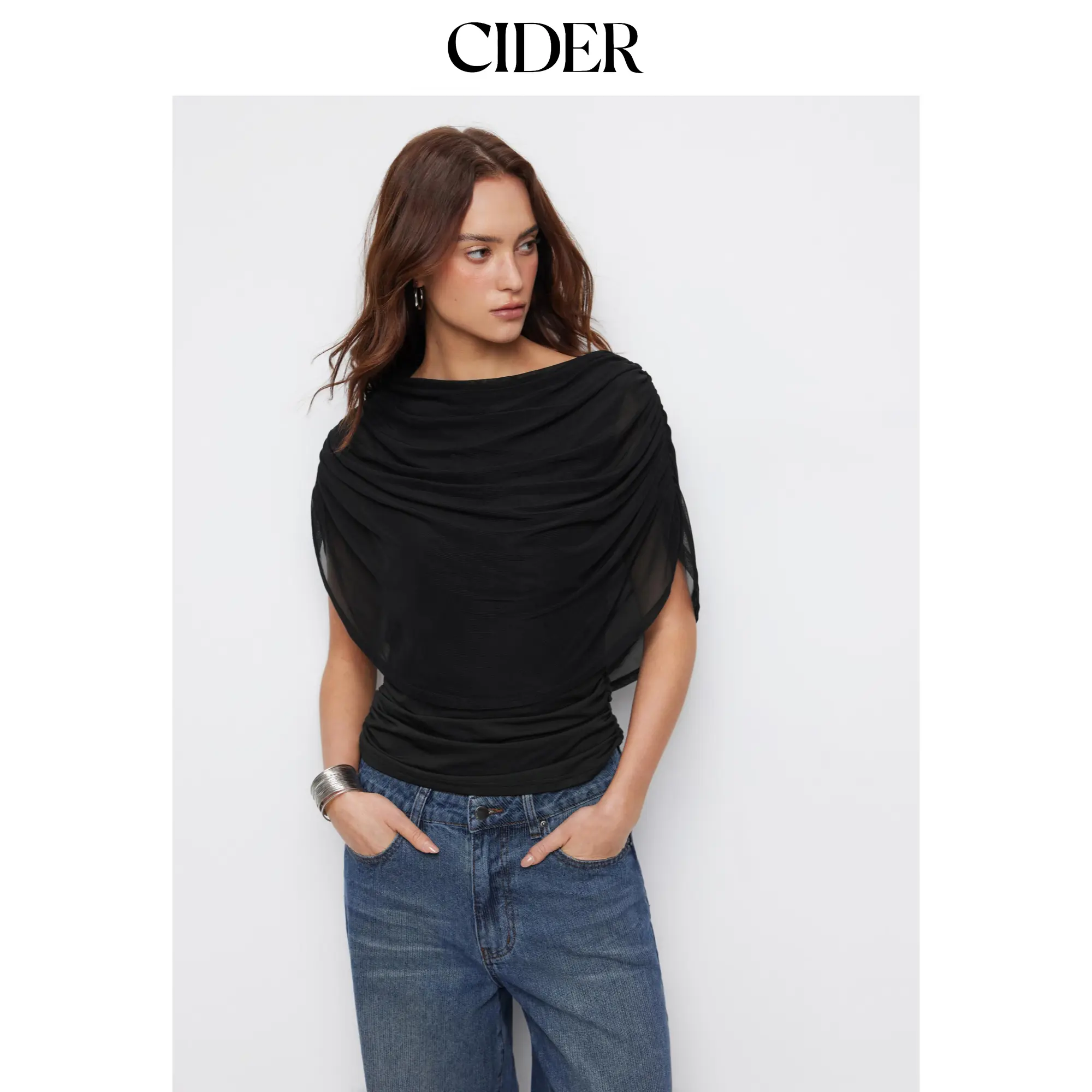 Cider Knit Boat Neck Ruched Bolero Top