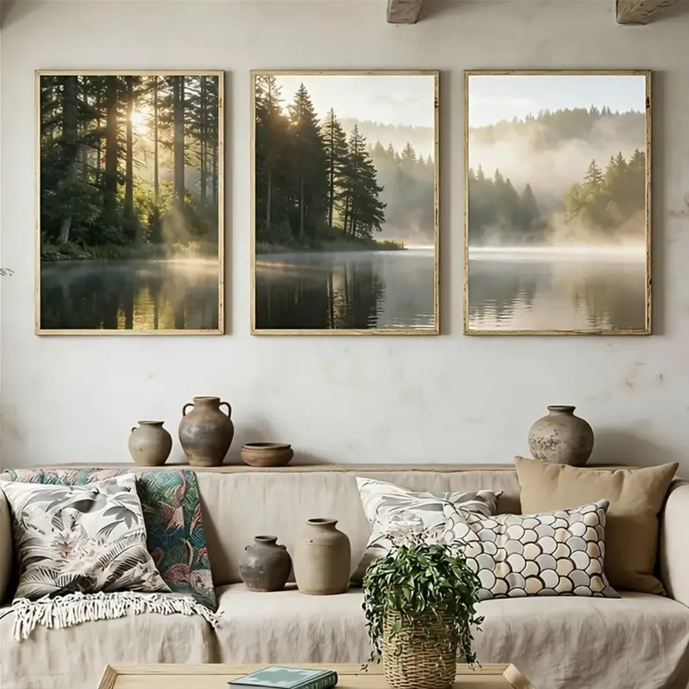 3 Piece Vintage Lake Scene Art Prints, Canvas Wall Decor, Retro Home Art, Gallery Style, Warm Tone, Framed & Unframed Options