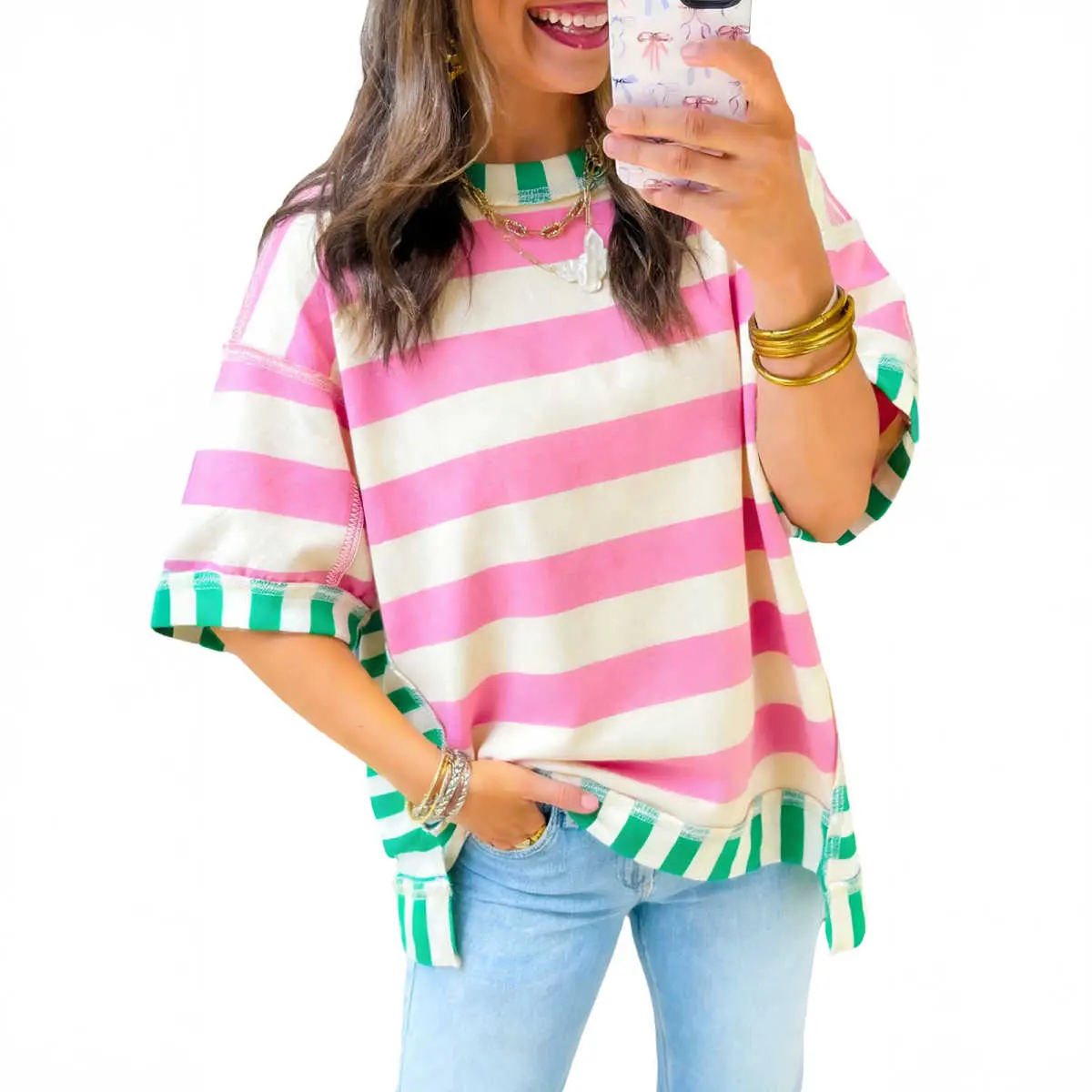 Pink Stripe Exposed Seam Contrast Patchwork Oversized Top