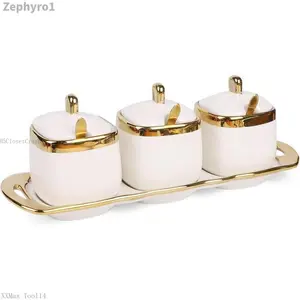 Sugar Bowl with Lid and Spoon,Ceramic Condiment Jars  Container with Tray,Salt and Sugar Containers, Condiment Canisters Pots Seasoning Box Set of 3 for Kitchen Coffee Bar,WhiteZephyroXXMax Tool14H5ClosetCrush