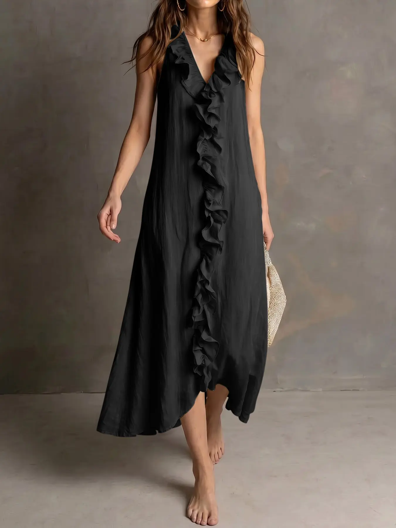 Sleeveless V-Neck Ruffled Midi Dress, Loose Flowly Fit, Irregular Hanky Hem, Soft Breathable Fabric, Casual Vacation Ladies Dress, Chic