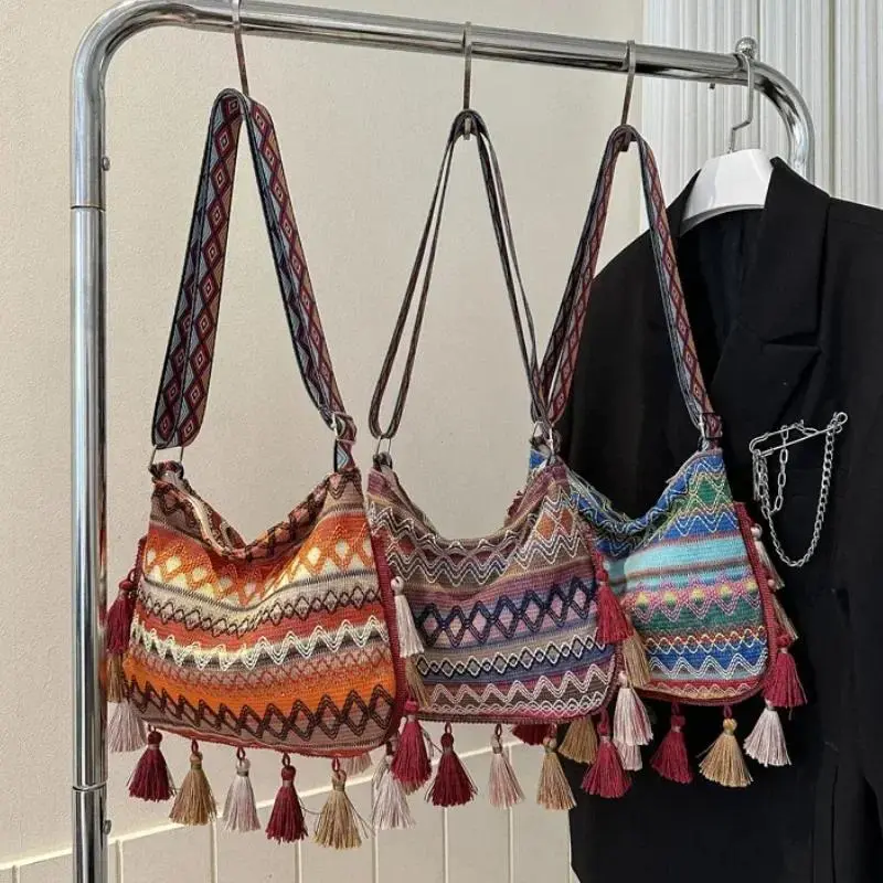 Bohemian Hippie Ethnic Hand‑Woven Crossbody Sling Bag for Ladies, Vintage Colorful Geometric Stripe Pattern Shoulder Handbag with Hanging Tassel Ornaments, Ideal for Beach, Vacation & Casual Daily Outfits