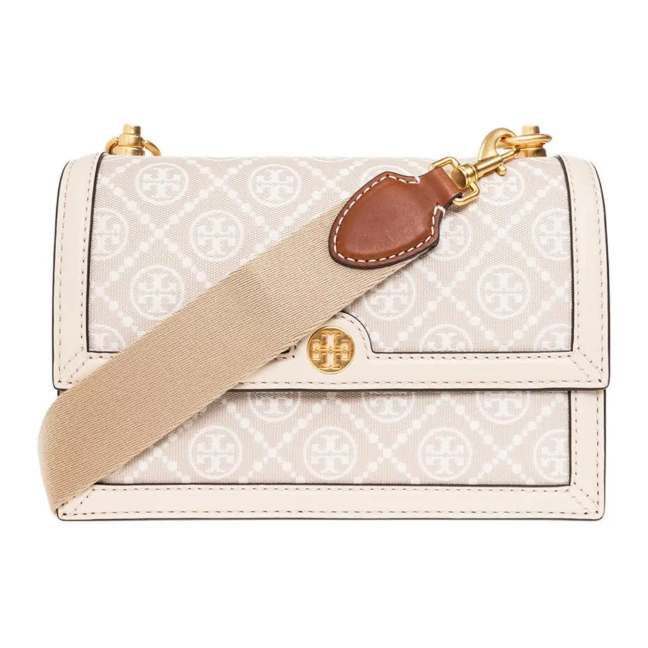 Tory Burch T Monogram Crossbody Bag for Women – Small Almond White Canvas with Leather Trim