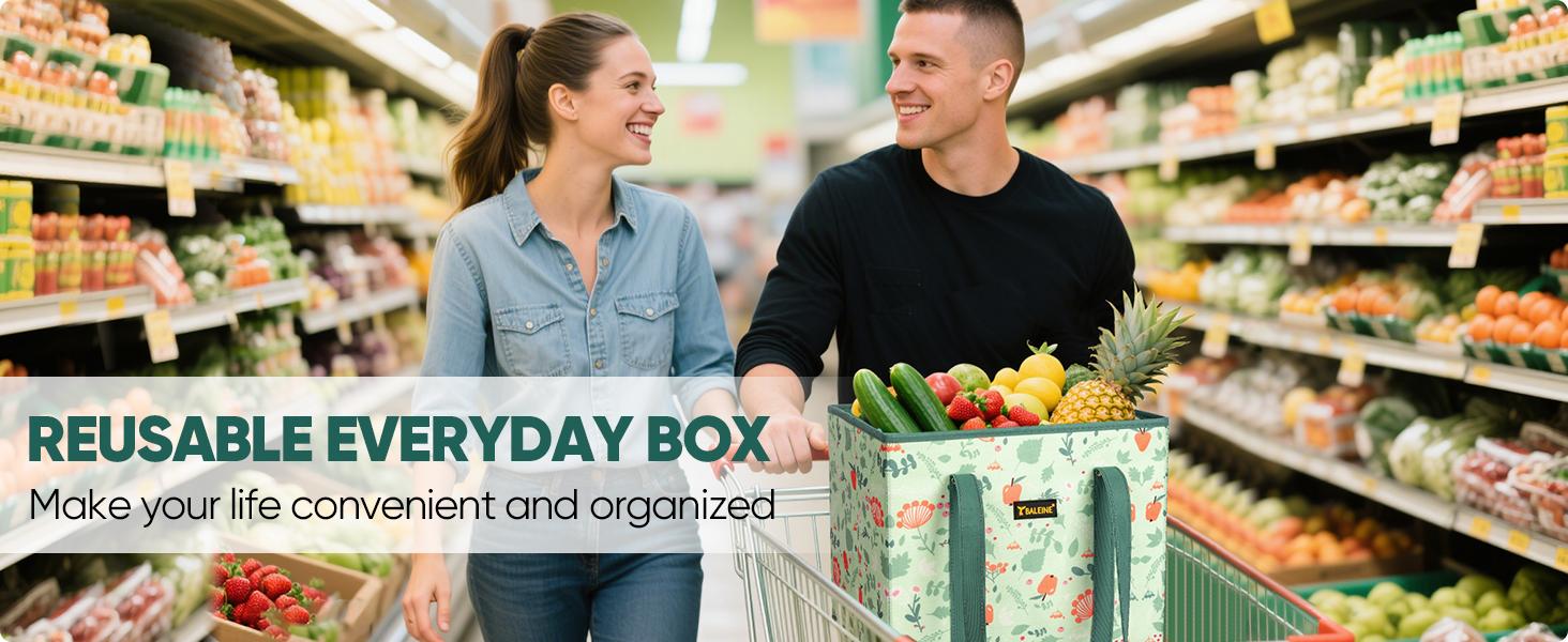 Reusable Grocery Bags (3 Pack) – Heavy Duty Reusable Shopping Bags with Box Shape to Stand Up, Stay Open, Fold Flat – Large Tote Bags are Foldable with Long Handles & Hard Bottom